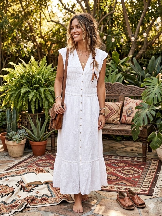 Dresses & Skirts - FREE PEOPLE Desert Dazed Dress /White Button-Front Maxi Dress size extra large